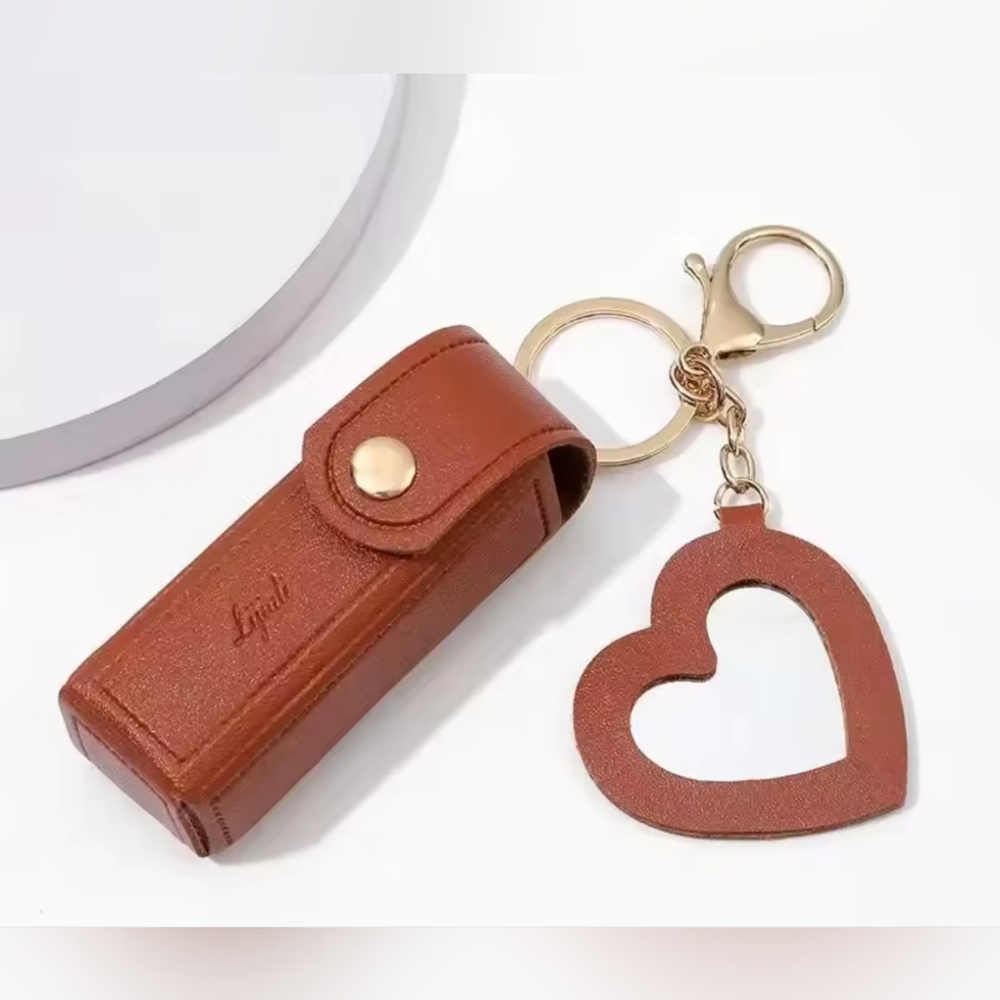 Mini Lipstick Holder Sleeve Keychain Charm with Heart Shaped Mirror - Picture 4 of 5